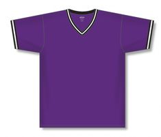 a purple soccer jersey with black and white stripes on the chest, in front of a white background