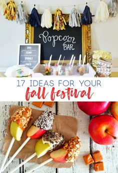 an assortment of desserts and treats on display with the words popcorn bar 17 ideas for your fall festival