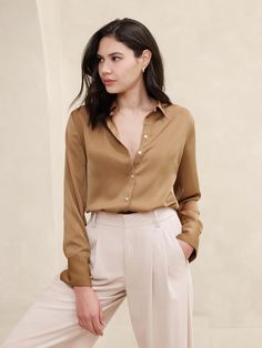 Silky Classic Shirt | Banana Republic Factory Business Shirt Woman, Affordable Business Casual Women's Shirt, Banana Republic Outfits, Satin Shirt Outfit, Silky Shirt, Classic Blouses, Scoop Neck Blouses, Future Style, Satin Blouses