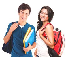 two people standing next to each other with backpacks on their shoulders and books in front of them