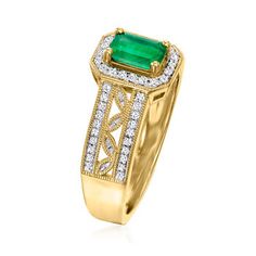 Ross-Simons - .40ct Emerald, .22ct t. w. Diamond Halo Ring in 14kt Yellow Gold. Size 8. An elegant emerald meets dazzling diamonds with this 14kt yellow gold statement ring. With a .40 carat emerald front-and-center and .22 ct. t. w. diamonds all around, you'll win the night in this one. 3/8" wide. Diamond and emerald ring. Emerald birthstones are the perfect gift for May birthdays. Diamond And Emerald Ring, Emerald Birthstone, Diamond Halo Ring, Gold Statement Ring, Ring Emerald, Yellow Gold Jewelry, Halo Diamond Ring, Timeless Jewelry, Halo Ring