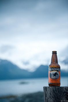 a beer bottle sitting on top of a wooden post next to a body of water