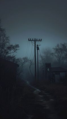 a dark road with power lines and telephone poles in the background at night time, surrounded by fog