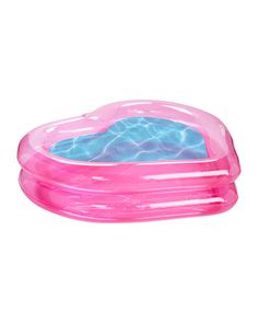 an inflatable swimming pool with blue water and pink plastic cover on the bottom