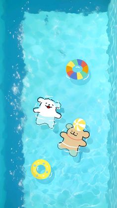 two cartoon bears are swimming in the pool