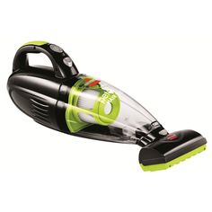 a black and green vacuum cleaner on a white background