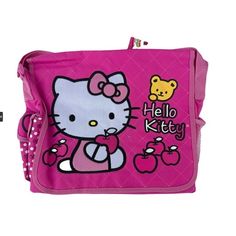 Adorable girl's pink messenger bag featuring Hello Kitty, Apples and Bear. Size approx 14"W x 12"H x 4"D Gender: female.  Age Group: kids. Pink Rectangular Satchel For School, Playful Hello Kitty School Bag, Cute Pink Backpack Satchel, Pink Shoulder Bag Satchel For Students, Cute Hello Kitty Print School Shoulder Bag, Pink Hello Kitty Print Bag For Back To School, Playful Pink Satchel Shoulder Bag, Pink School Satchel, Pink Satchel For Back To School