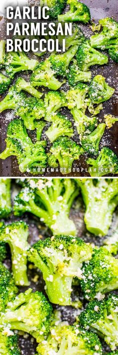 broccoli florets are being cooked in a pan with the words garlic and parmesan broccoli