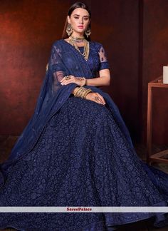 Blue Net Lehenga, Net Lehenga Choli, Wedding Lehenga Designs, Resham Work, Lehnga Dress, Lehenga Blouse Designs, Net Lehenga, Embroidered Lehenga