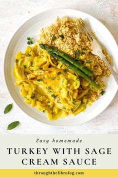 a white plate topped with pasta and asparagus next to a bowl of couscous