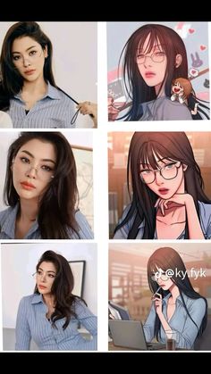 four pictures of women with different facial expressions and hair styles, one is holding a cell phone