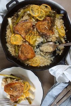 chicken and rice with lemons in a skillet