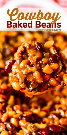 a spoon full of baked beans on top of a white plate with text overlay