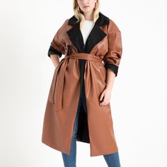 Sleeves And Length Hemmed To Petite Length. Belt Loops Moved Up. Size 14/16 New With Tags. Never Worn. Colorblock Vegan Faux Leather Robe Coat Easy And Relaxed Fit No Closure Separate Tie-Waist Belt Contrast Sleeve Cuff Unlined Vegan Faux Leather 100% Polyurethane Care: Hand Wash Cold With Like Colors. Spot Clean As Needed. Do Not Dry Clean. Do Not Tumble Dry. Do Not Twist Or Wring, Lay Flat To Dry. Do Not Iron. Fall Fashion Coats, Leather Coat Womens, Faux Leather Coat, Coat Trends, 2020 Fashion Trends, Stylish Coat, Maxi Coat, Plus Size Coats, Fall Coat