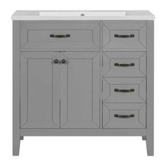 a gray bathroom vanity with two drawers and one door on the side, in front of a white background