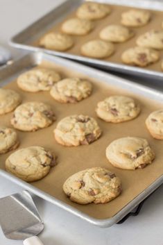 two pans filled with chocolate chip cookies on top of a table