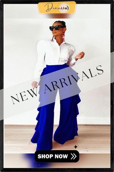 Chic Vintage Ruffles High Waist Wide Leg Pants Ruffled Wide Leg Party Bottoms, Chic Ruffled Pants For Workwear, Party Wide Leg Pants With Ruffles, Blue Ruffled Bottoms For Fall, Chic Wide Leg Pants With Ruffles For Spring, Chic Spring Wide Leg Pants With Ruffles, Chic Ruffled Trousers, Ruffled High-waisted Pants For Party, High-waisted Ruffled Pants For Parties