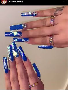 Silver And Royal Blue Nails, Quinceañera Nails, Quinceanera Nails, Blue And White Nails, Royal Blue Nails, Long Nail Designs, Polygel Nails