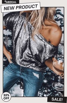 Casual Solid Sequins One Shoulder T-shirts Dreamy Style, Sequin Short, Mode Boho, Party Details, Sequin Shorts, Womens Tops Summer, Red Lip, Cowl Neckline, Casual Tank Tops