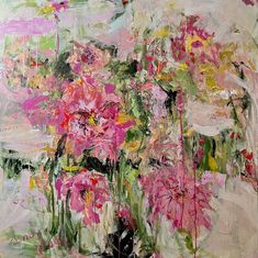 an abstract painting of pink flowers in a vase