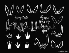 hand drawn easter bunny ears and eggs with happy easter written in white on a black background