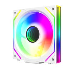 a white case with multicolored fan on the front and side sides, showing the colorful