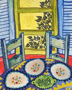 a drawing of three plates on a table in front of a window