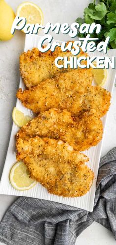 a platter with parmesan crusted chicken cutlets Pan Fried Parmesan Crusted Chicken, Chicken Cutlet Recipes Easy, Cubed Chicken Breast Recipes, Chicken Filets, Sliced Chicken Breast Recipes, Continental Recipes, Healthy Lemon Chicken, Cutlet Recipes, Crusted Chicken Breast