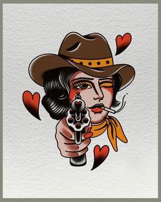 Old Western Tattoos Vintage, American Traditional Bicep Tattoo, Small American Traditional Tattoo Flash, Easy Traditional Tattoo, Cowboy Traditional Tattoo, Americana Tattoo Traditional, Tattoo Flash Art Traditional, Traditional Lady Tattoo