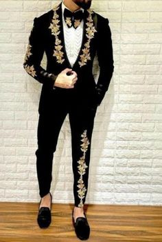 Handcrafted Black Suit With Intricate Golden Lucknowi Zari Work Ideal for Grooms and Dance Events - Etsy Prom Suits For Men, Cream Suit, Gold Suit, Dress Suits For Men, Designer Suits For Men, Prom Suits, Fashion Suits For Men, African Men Fashion, Prom Outfits