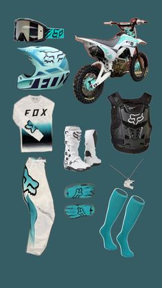 a group of different types of sports gear and equipment on a blue background with the words fox written in white