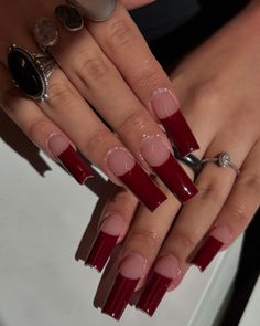 these red nails 🍒💋🍷🍓 Latina French Tip Nails, Red Wine Nails Acrylic, Lipstick Nails Shape Long, Lipstick Shaped Nails Acrylic, Simple Gel X Nails Design, Nail Ideas 2025, Medium Red Nails, Baddie Red Nails, Dark French Tip Nails