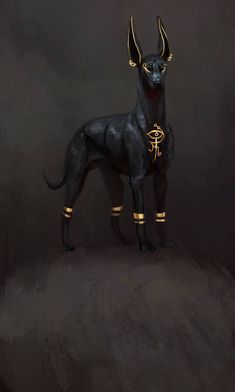 a black dog with gold horns standing on top of a dirt field in front of a dark background