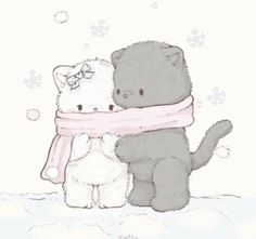 two teddy bears sitting next to each other in the snow, one is wearing a scarf