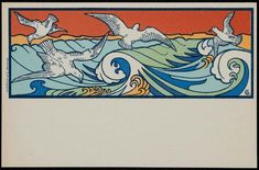 an old postcard with seagulls flying over the ocean and waves on it