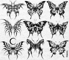 butterfly tattoo designs on white paper with black and white inking, including the outlines of