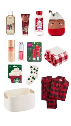 the contents of a christmas gift set including bath products, socks, and other items