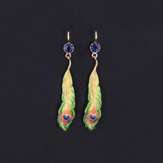 Antique Enamel Peacock Feat... Peacock Feather Earrings, Antique Pins, Earring Pins, Jewelry Post, Peacock Feathers, Antique Earrings, Sapphire Earrings, Peacock Feather, Feather Earrings