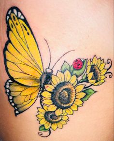 Yellow butterfly tattoo half butterfly half sunflowers with leafs and lady bug in color with detail Ladybug On Sunflower Tattoo, Butterfly Ladybug Tattoo, Ladybug Sunflower Tattoo, Mom Tattoo Designs For Son And Daughter, Sunflower And Ladybug Tattoo, Sunflower With Butterfly Tattoo, Simple Memorial Tattoos, Sunflower And Butterfly Tattoo, Lovebird Tattoo