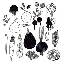 an ink drawing of various fruits and vegetables