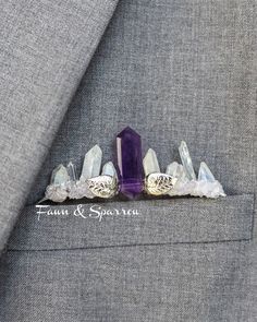 Fawn & Sparrow Crystal Crowns on Instagram: "Amethyst collection for the entire wedding party! We handcraft this is silver or gold. 😍Tiara, pocket boutonniere, comb and hair stick coordinate in this ethereal look. 🍃💕 You can find our shops on our main page. 🫶🫶  #amethystjewelry  #fairywedding #crystalwedding #amethyst #weddinghair #bridesmaidshair #pocketboutonniere #weddingideas #groominspiration" Handmade Amethyst Gemstones For Weddings, Crystal Wedding Pins, Silver Crystal Wedding Pins, Amythest Crystal Crown, Amethyst Cufflinks, Fairy Wedding, Crystal Crown, Amethyst Jewelry, Crystal Wedding