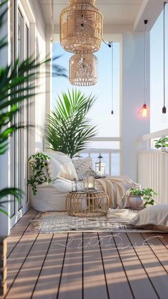 a balcony with lots of furniture and plants on the floor, along with a birdcage hanging from the ceiling