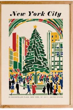 a poster with people walking around in front of a christmas tree and the words new york city