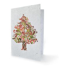 a white card with a colorful christmas tree on the front and back side, in red, green, yellow and orange colors