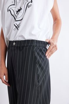 A Pinstripe version of our famous Wide-ish Pants — these pants are a standout yet comfortable pair. Style with your favorite blouse or top for an easy, everyday style. Hits above the ankle Slight stretch Relaxed fit Tapered leg Side pockets Tapered Legs, White Stripe, Latest Fashion, Black Pants, Everyday Fashion, Fashion Forward, Relaxed Fit, Black And White, Pants