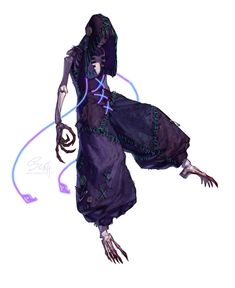 a drawing of a woman with long hair and purple dress, holding a blue light