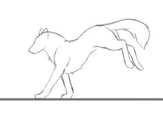 a line drawing of a dog running with its tail extended to the side, viewed from the front