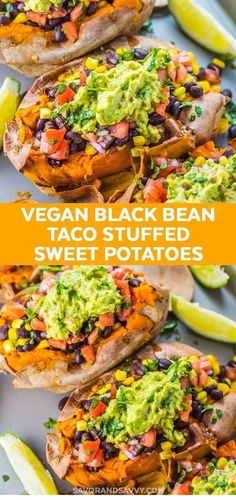 sweet potatoes topped with guacamole, black beans and cilantro sauce