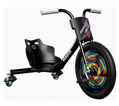 an electric scooter with colorful wheels on the front and rear wheel, is shown