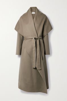 The Row's 'Adia' coat has a dramatic, cape-like collar and oversized fit that envelopes your frame. It's been made in Italy from soft cashmere and comes in versatile taupe. Use the slim waist belt to cinch the shape. Hm Clothes, Layering Essentials, Brown Trench Coat, Luxury Outerwear, House Clothes, Capes For Women, Professional Attire, Oversized Coat, Belted Coat